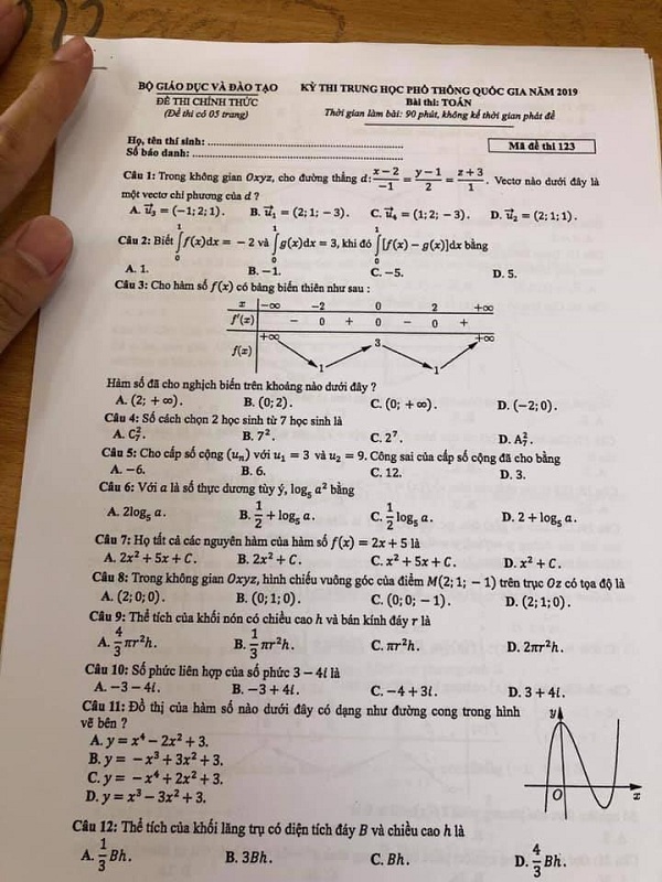 Cập nhật đáp án môn Toán kỳ thi THPT Quốc gia 2019 đầy đủ 24 mã đề (tham khảo)